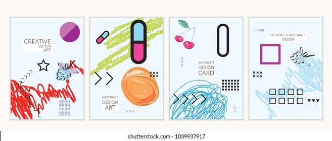 Set of artistic minimal universal card templates in Memphis style with abstract hand drawn doodles. Design for poster, card, invitation. Roughly drawn bright trendy textures. Vector isolated