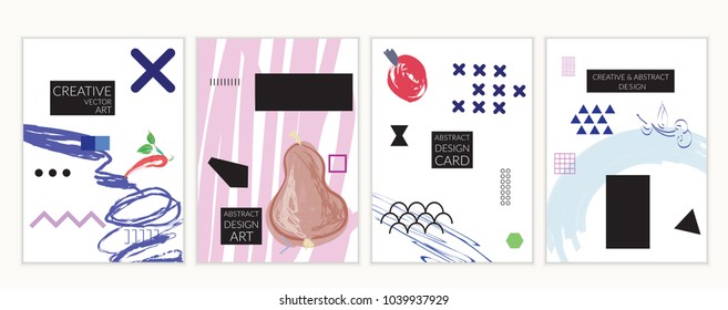 Set of artistic minimal universal card templates in Memphis style with abstract hand drawn doodles. Design for poster, card, invitation. Roughly drawn bright trendy textures. Vector isolated