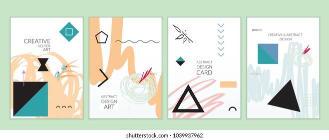 Set of artistic minimal universal card templates in Memphis style with abstract hand drawn doodles. Design for poster, card, invitation. Roughly drawn bright trendy textures. Vector isolated