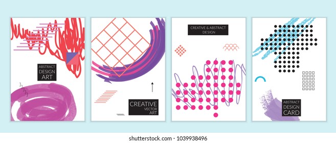 Set of artistic minimal universal card templates in Memphis style with abstract hand drawn doodles. Design for poster, card, invitation. Roughly drawn bright trendy textures. Vector isolated