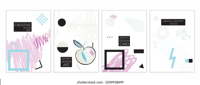 Set of artistic minimal universal card templates in Memphis style with abstract hand drawn doodles. Design for poster, card, invitation. Roughly drawn bright trendy textures. Vector isolated