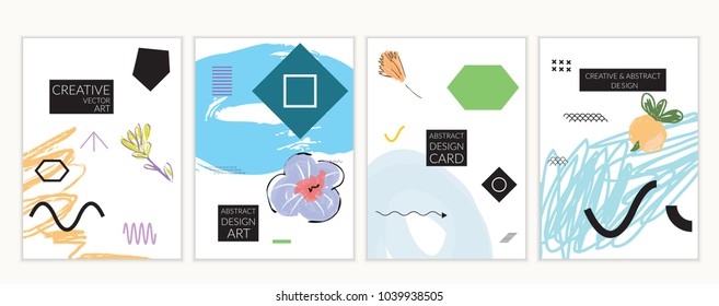 Set of artistic minimal universal card templates in Memphis style with abstract hand drawn doodles. Design for poster, card, invitation. Roughly drawn bright trendy textures. Vector isolated