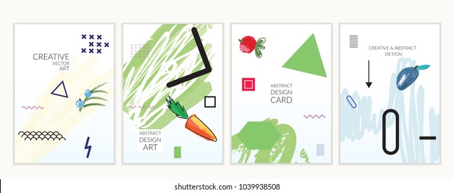 Set of artistic minimal universal card templates in Memphis style with abstract hand drawn doodles. Design for poster, card, invitation. Roughly drawn bright trendy textures. Vector isolated