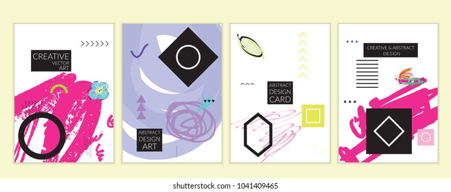 Set of artistic minimal universal card templates in Memphis style with abstract hand drawn doodles. Design for poster, card, invitation. Roughly drawn bright trendy textures. Vector isolated