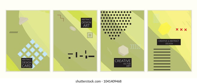 Set of artistic minimal universal card templates in Memphis style with abstract hand drawn doodles. Design for poster, card, invitation. Roughly drawn bright trendy textures. Vector isolated