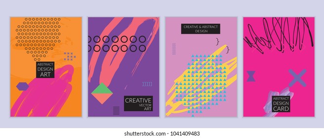 Set of artistic minimal universal card templates in Memphis style with abstract hand drawn doodles. Design for poster, card, invitation. Roughly drawn bright trendy textures. Vector isolated