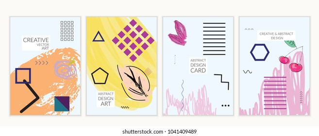 Set of artistic minimal universal card templates in Memphis style with abstract hand drawn doodles. Design for poster, card, invitation. Roughly drawn bright trendy textures. Vector isolated