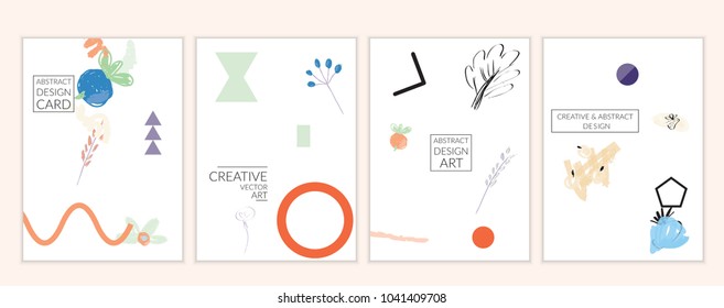 Set of artistic minimal universal card templates in Memphis style with abstract hand drawn doodles. Design for poster, card, invitation. Roughly drawn bright trendy textures. Vector isolated