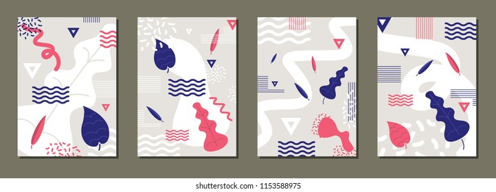 Set of artistic minimal universal card templates in Memphis style with abstract hand drawn floral elements. Design for poster, card, invitation, brochure. Memphis and hipster style. Vector isolated