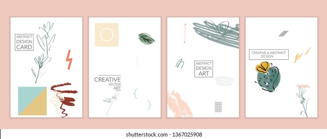 Set of artistic minimal universal card templates in Memphis style with abstract hand drawn doodles on white. Design for poster, card, invitation. Roughly drawn bright trendy textures. Vector isolated