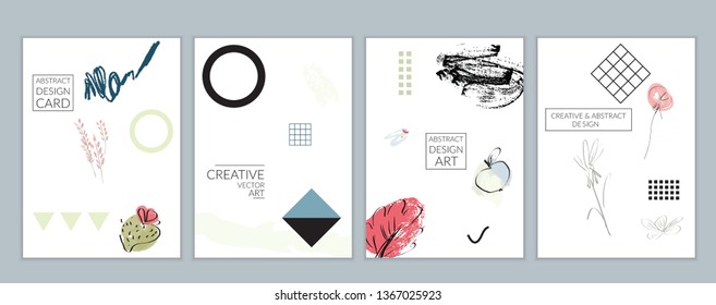 Set of artistic minimal universal card templates in Memphis style with abstract hand drawn doodles on white. Design for poster, card, invitation. Roughly drawn bright trendy textures. Vector isolated
