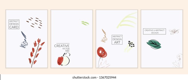 Set of artistic minimal universal card templates with abstract hand drawn doodles. Design for poster, card, invitation. Roughly drawn bright trendy textures. Minimal simple design.Vector isolated