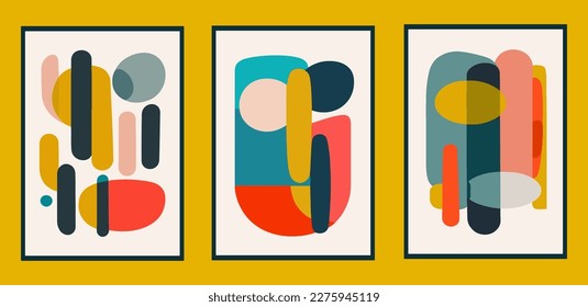 Conjunto de plantillas artísticas de tarjetas universales mínimas en diseño plano con formas abstractas. Estilo de color plano