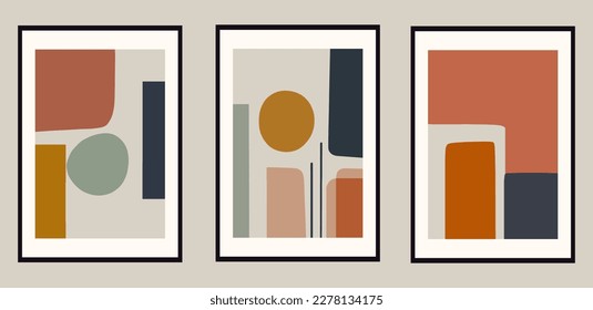 Set of artistic minimal universal card templates in retro style with abstract shapes. wall art print poster