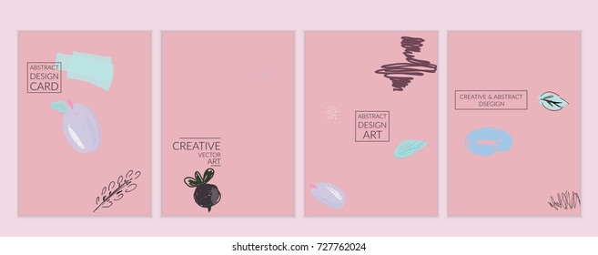 Set of artistic minimal universal card templates with abstract hand drawn doodles. Design for poster, card, invitation. Roughly drawn bright trendy textures. Minimal simple design.Vector isolated