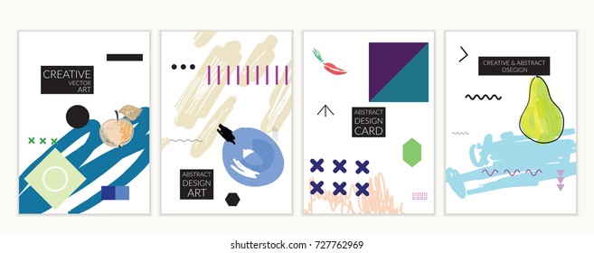 Set of artistic minimal universal card templates in Memphis style with abstract hand drawn doodles. Design for poster, card, invitation. Roughly drawn bright trendy textures. Vector isolated