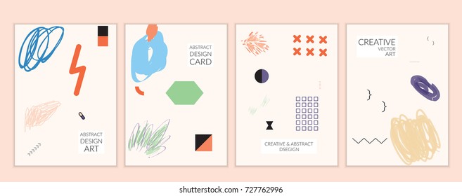 Set of artistic minimal universal card templates in Memphis style with abstract hand drawn doodles. Design for poster, card, invitation. Roughly drawn bright trendy textures. Vector isolated