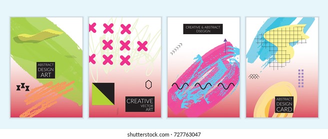 Set of artistic minimal universal card templates in Memphis style with abstract hand drawn doodles. Design for poster, card, invitation. Roughly drawn bright trendy textures. Vector isolated