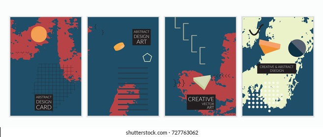 Set of artistic minimal universal card templates in Memphis style with abstract hand drawn doodles. Design for poster, card, invitation. Roughly drawn bright trendy textures. Vector isolated