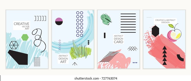 Set of artistic minimal universal card templates in Memphis style with abstract hand drawn doodles. Design for poster, card, invitation. Roughly drawn bright trendy textures. Vector isolated