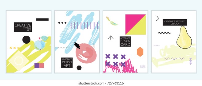 Set of artistic minimal universal card templates in Memphis style with abstract hand drawn doodles. Design for poster, card, invitation. Roughly drawn bright trendy textures. Vector isolated