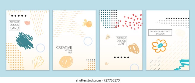 Set of artistic minimal universal card templates in Memphis style with abstract hand drawn doodles. Design for poster, card, invitation. Roughly drawn bright trendy textures. Vector isolated