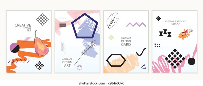 Set of artistic minimal universal card templates in Memphis style with abstract hand drawn doodles. Design for poster, card, invitation. Roughly drawn bright trendy textures. Vector isolated