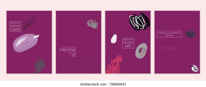 Set of artistic minimal universal card templates in Memphis style with abstract hand drawn doodles. Design for poster, card, invitation. Roughly drawn bright trendy textures. Vector isolated