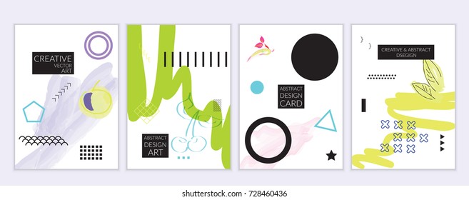 Set of artistic minimal universal card templates in Memphis style with abstract hand drawn doodles. Design for poster, card, invitation. Roughly drawn bright trendy textures. Vector isolated