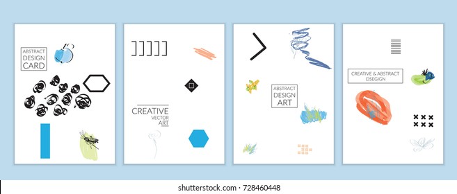 Set of artistic minimal universal card templates in Memphis style with abstract hand drawn doodles. Design for poster, card, invitation. Roughly drawn bright trendy textures. Vector isolated