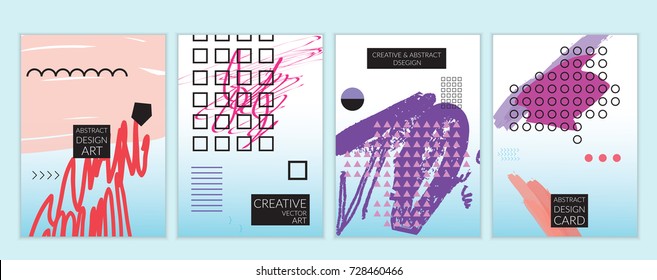 Set of artistic minimal universal card templates in Memphis style with abstract hand drawn doodles. Design for poster, card, invitation. Roughly drawn bright trendy textures. Vector isolated