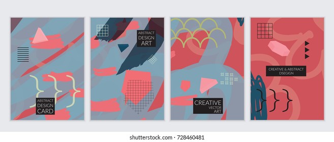 Set of artistic minimal universal card templates in Memphis style with abstract hand drawn doodles. Design for poster, card, invitation. Roughly drawn bright trendy textures. Vector isolated