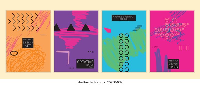 Set of artistic minimal universal card templates in Memphis style with abstract hand drawn doodles. Design for poster, card, invitation. Roughly drawn bright trendy textures. Vector isolated