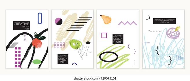 Set of artistic minimal universal card templates in Memphis style with abstract hand drawn doodles. Design for poster, card, invitation. Roughly drawn bright trendy textures. Vector isolated