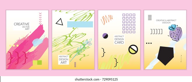 Set of artistic minimal universal card templates in Memphis style with abstract hand drawn doodles. Design for poster, card, invitation. Roughly drawn bright trendy textures. Vector isolated