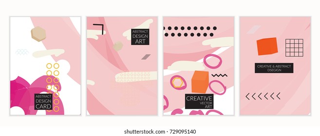 Set of artistic minimal universal card templates in Memphis style with abstract hand drawn doodles. Design for poster, card, invitation. Roughly drawn bright trendy textures. Vector isolated