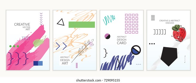 Set of artistic minimal universal card templates in Memphis style with abstract hand drawn doodles. Design for poster, card, invitation. Roughly drawn bright trendy textures. Vector isolated