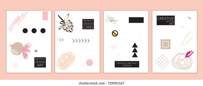 Set of artistic minimal universal card templates in Memphis style with abstract hand drawn doodles. Design for poster, card, invitation. Roughly drawn bright trendy textures. Vector isolated