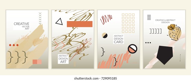 Set of artistic minimal universal card templates in Memphis style with abstract hand drawn doodles. Design for poster, card, invitation. Roughly drawn bright trendy textures. Vector isolated