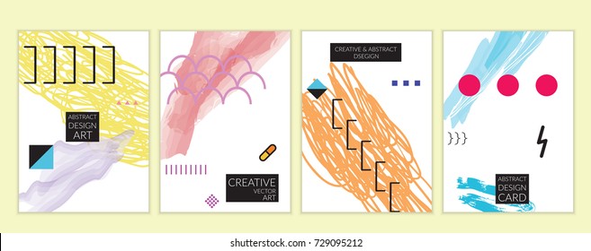 Set of artistic minimal universal card templates in Memphis style with abstract hand drawn doodles. Design for poster, card, invitation. Roughly drawn bright trendy textures. Vector isolated