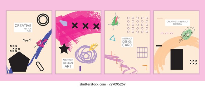 Set of artistic minimal universal card templates in Memphis style with abstract hand drawn doodles. Design for poster, card, invitation. Roughly drawn bright trendy textures. Vector isolated