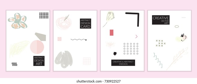 Set of artistic minimal universal card templates in Memphis style with abstract hand drawn doodles. Design for poster, card, invitation. Roughly drawn bright trendy textures. Vector isolated