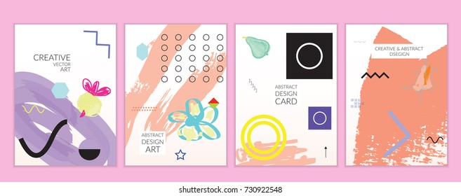Set of artistic minimal universal card templates in Memphis style with abstract hand drawn doodles. Design for poster, card, invitation. Roughly drawn bright trendy textures. Vector isolated