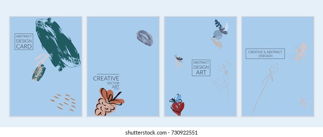 Set of artistic minimal universal card templates in Memphis style with abstract hand drawn doodles. Design for poster, card, invitation. Roughly drawn bright trendy textures. Vector isolated