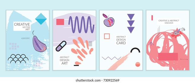 Set of artistic minimal universal card templates in Memphis style with abstract hand drawn doodles. Design for poster, card, invitation. Roughly drawn bright trendy textures. Vector isolated