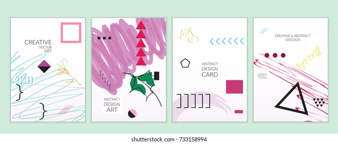 Set of artistic minimal universal card templates in Memphis style with abstract hand drawn doodles. Design for poster, card, invitation. Roughly drawn bright trendy textures. Vector isolated