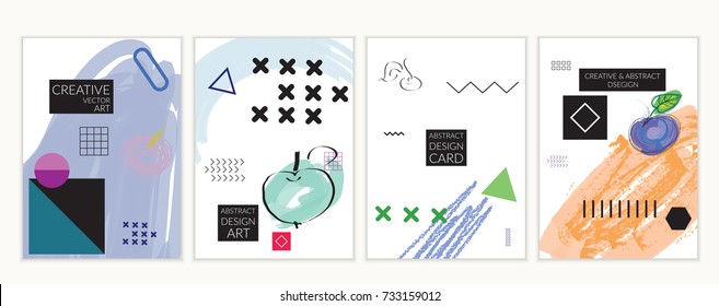 Set of artistic minimal universal card templates in Memphis style with abstract hand drawn doodles. Design for poster, card, invitation. Roughly drawn bright trendy textures. Vector isolated