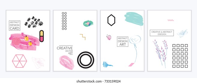 Set of artistic minimal universal card templates in Memphis style with abstract hand drawn doodles. Design for poster, card, invitation. Roughly drawn bright trendy textures. Vector isolated