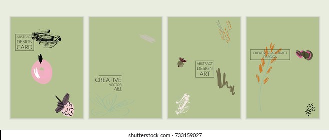 Set of artistic minimal universal card templates in Memphis style with abstract hand drawn doodles. Design for poster, card, invitation. Roughly drawn bright trendy textures. Vector isolated