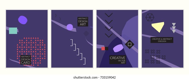 Set of artistic minimal universal card templates in Memphis style with abstract hand drawn doodles. Design for poster, card, invitation. Roughly drawn bright trendy textures. Vector isolated
